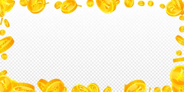 Chinese yuan coins falling. Scattered gold CNY coins. China money. Jackpot wealth or success concept. Wide vector illustration.