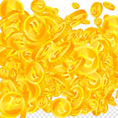 Russian ruble coins falling. Scattered gold RUB coins. Russia money. Jackpot wealth or success concept. Square vector illustration.