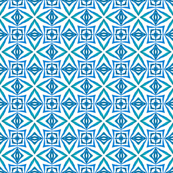Ikat repeating swimwear design. Blue magnificent boho chic summer design. Watercolor ikat repeating tile border. Textile ready alive print, swimwear fabric, wallpaper, wrapping.