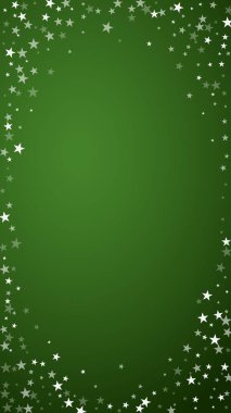 Yılbaşı arkaplanında kar taneleri yağıyor. İnce uçan kar taneleri ve yeşil arka plandaki yıldızlar. Çok güzel düşen kar taneleri. Dikey vektör illüstrasyonu.