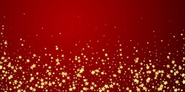 Sihirli yıldızlar vektör kaplaması. Altın yıldızlar rasgele etrafa saçılmış, düşüyor, yüzüyor. Kaotik rüya gibi çocuksu bir şablon. Kırmızı arkaplanda büyülü karikatür gece gökyüzü.