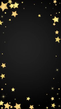 Sihirli yıldızlar vektör kaplaması. Altın yıldızlar rasgele etrafa saçılmış, düşüyor, yüzüyor. Kaotik rüya gibi çocuksu bir şablon. Siyah arkaplanda büyülü karikatür gece gökyüzü.