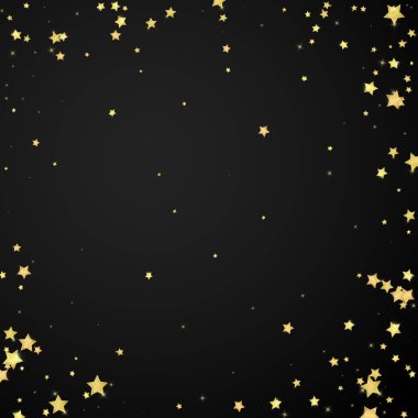 Sihirli yıldızlar vektör kaplaması. Altın yıldızlar rasgele etrafa saçılmış, düşüyor, yüzüyor. Kaotik rüya gibi çocuksu bir şablon. Siyah arkaplanda mucizevi yıldızlı gece vektörü.