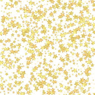 Sihirli yıldızlar vektör kaplaması. Altın yıldızlar rasgele etrafa saçılmış, düşüyor, yüzüyor. Kaotik rüya gibi çocuksu bir şablon. Beyaz arkaplanda büyülü gece gökyüzü.