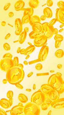 Indian rupee coins falling. Scattered gold INR coins. India money. Jackpot wealth or success concept. Vector illustration.