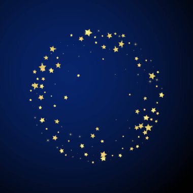 Sihirli yıldızlar vektör kaplaması. Altın yıldızlar rasgele etrafa saçılmış, düşüyor, yüzüyor. Kaotik rüya gibi çocuksu bir şablon. Koyu mavi arka planda mucizevi yıldızlı gece vektörü.