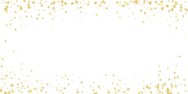 Sihirli yıldızlar vektör kaplaması. Altın yıldızlar rasgele etrafa saçılmış, düşüyor, yüzüyor. Kaotik rüya gibi çocuksu bir şablon. Beyaz arkaplanda mucizevi yıldızlı gece vektörü.