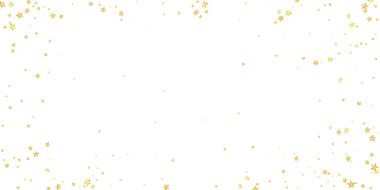 Sihirli yıldızlar vektör kaplaması. Altın yıldızlar rasgele etrafa saçılmış, düşüyor, yüzüyor. Kaotik rüya gibi çocuksu bir şablon. Beyaz arkaplanda mucizevi yıldızlı gece vektörü.