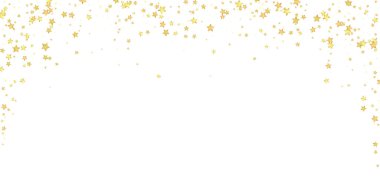 Sihirli yıldızlar vektör kaplaması. Altın yıldızlar rasgele etrafa saçılmış, düşüyor, yüzüyor. Kaotik rüya gibi çocuksu bir şablon. Beyaz arkaplanda büyülü gece gökyüzü.