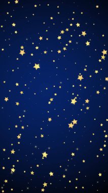 Sihirli yıldızlar vektör kaplaması. Altın yıldızlar rasgele etrafa saçılmış, düşüyor, yüzüyor. Kaotik rüya gibi çocuksu bir şablon. Koyu mavi arka planda mucizevi yıldızlı gece vektörü.