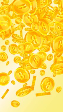 Bitcoin coins falling. Cryptocurrency scattered gold BTC coins. Internet currency. Global financial crisis concept. Vector illustration.