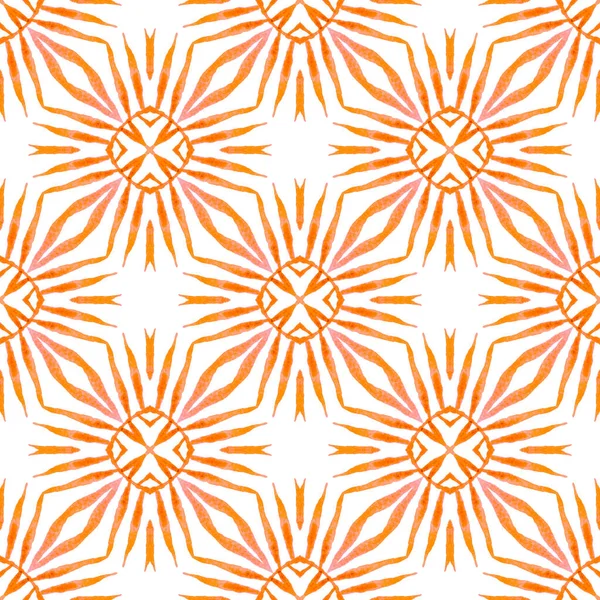 水着のデザインを繰り返すイカト オレンジ貴重なBohoシックな夏のデザイン 繊維準備ができて心を吹いて印刷 水着生地 タイルの境界を繰り返す水彩イカット — ストック写真