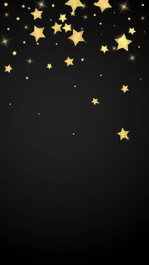 Sihirli yıldızlar vektör kaplaması. Altın yıldızlar rasgele etrafa saçılmış, düşüyor, yüzüyor. Kaotik rüya gibi çocuksu bir şablon. siyah arkaplan.