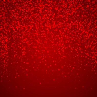 Yılbaşı arkaplanında kar taneleri yağıyor. İnce uçan kar taneleri ve kırmızı arka plandaki yıldızlar. Çok güzel düşen kar taneleri. Kare vektör illüstrasyonu.