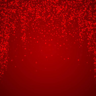 Karlı bir Noel geçmişi var. İnce uçan kar taneleri ve kırmızı arka plandaki yıldızlar. Narin, tatlı, karlı bir Noel. Kare vektör illüstrasyonu.