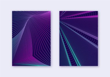 Kapak tasarım şablonu. Soyut çizgiler modern broşür düzeni. Koyu mavi arka planda neon renkli yarım ton gradyanı. Kalın broşür, katalog, poster, kitap vs..
