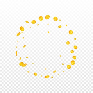 American dollar coins falling. Scattered gold USD coins. USA money. Global financial crisis concept. Square vector illustration.