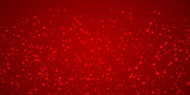 Sihirli kar yağışı arkaplanı. İnce uçan kar taneleri ve kırmızı arka plandaki yıldızlar. Sihirli yağan kar tatili manzarası. Geniş vektör illüstrasyonu.