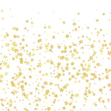 Sihirli yıldızlar vektör kaplaması. Altın yıldızlar rasgele etrafa saçılmış, düşüyor, yüzüyor. Kaotik rüya gibi çocuksu bir şablon. Beyaz arkaplanda vektör peri masalı.