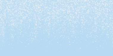 Güzel kar yağışı arkaplanı. Hafif uçan kar taneleri ve açık mavi kış arka planındaki yıldızlar. Güzel kar yağışı şablonu. Geniş vektör illüstrasyonu.