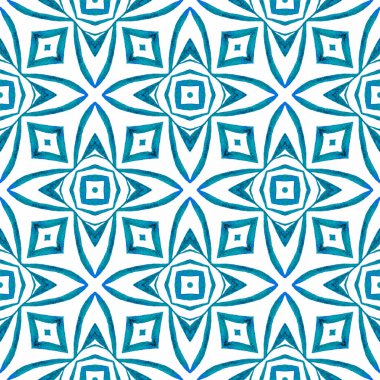 Tekstil hazır nadir baskılar, mayo kumaş, duvar kağıdı, ambalaj. Mavi çarpıcı boho şık yaz tasarımı. Yeşil geometrik sembolün suluboya sınırı. Sembol suluboya deseni.