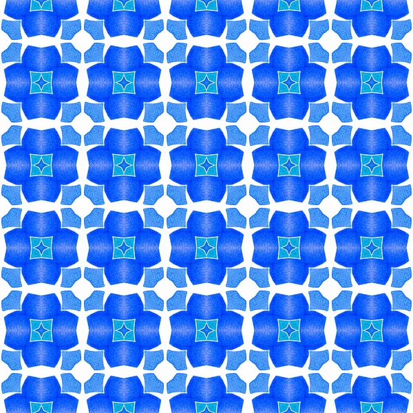 民族の手描きのパターン ブルー珍しいBohoシックな夏のデザイン 繊維準備ができてユニークなプリント 水着生地 水彩夏の民族の国境パターン — ストック写真