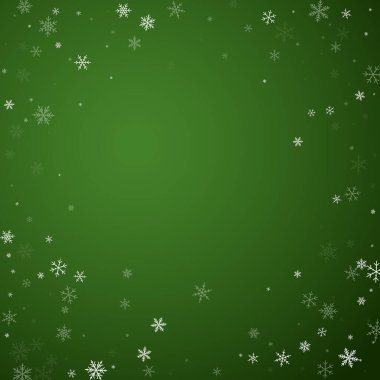 Güzel kar yağışı arkaplanı. İnce uçan kar taneleri ve yeşil arka plandaki yıldızlar. Güzel kar yağışı şablonu. Kare vektör illüstrasyonu.