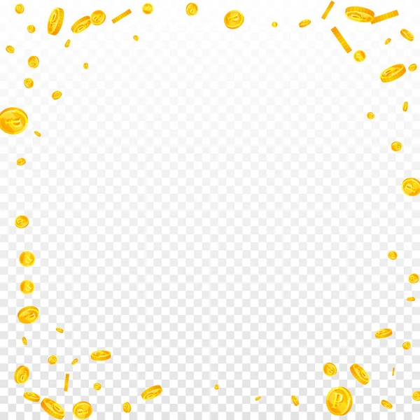 Russian ruble coins falling. Scattered gold RUB coins. Russia money. Jackpot wealth or success concept. Square vector illustration.