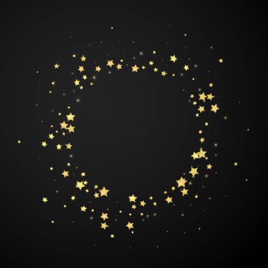 Sihirli yıldızlar vektör kaplaması. Altın yıldızlar rasgele etrafa saçılmış, düşüyor, yüzüyor. Kaotik rüya gibi çocuksu bir şablon. siyah arkaplan.
