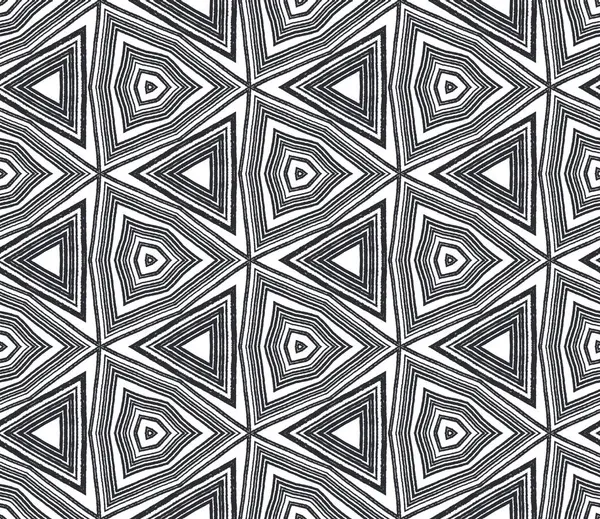 Striped hand drawn pattern. Black symmetrical kaleidoscope background. Textile ready favorable print, swimwear fabric, wallpaper, wrapping. Repeating striped hand drawn tile.