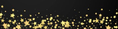 Sihirli yıldızlar vektör kaplaması. Altın yıldızlar rasgele etrafa saçılmış, düşüyor, yüzüyor. Kaotik rüya gibi çocuksu bir şablon. Siyah arkaplanda büyülü karikatür gece gökyüzü.