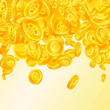 European Union Euro coins falling. Scattered gold EUR coins. Europe money. Jackpot wealth or success concept. Square vector illustration.