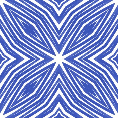 Madalyon pürüzsüz desen. İndigo simetrik kaleydoskop arka planı. Tekstil hazır olağanüstü baskı, mayo kumaş, duvar kağıdı, ambalaj. Suluboya madalyonu, pürüzsüz fayans.
