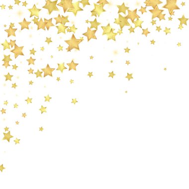 Sihirli yıldızlar vektör kaplaması. Altın yıldızlar rasgele etrafa saçılmış, düşüyor, yüzüyor. Kaotik rüya gibi çocuksu bir şablon. Beyaz arkaplanda vektör büyüsü.