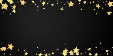 Sihirli yıldızlar vektör kaplaması. Altın yıldızlar rasgele etrafa saçılmış, düşüyor, yüzüyor. Kaotik rüya gibi çocuksu bir şablon. Siyah arkaplanda vektör peri masalı.