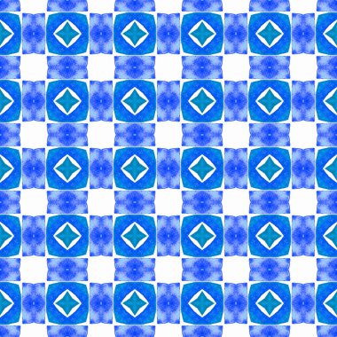 Sembol suluboya deseni. Mavi çekici boho şık yaz tasarımı. Yeşil geometrik sembolün suluboya sınırı. Tekstil hazır nefes kesici baskı, mayo kumaş, duvar kağıdı, ambalaj..