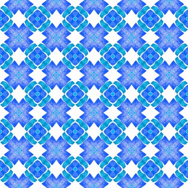 Yaz, egzotik, pürüzsüz sınır. Mavi büyüleyici boho şık yaz tasarımı. Egzotik, pürüzsüz desen. Tekstil hazır baskı, mayo kumaş, duvar kağıdı, ambalaj..