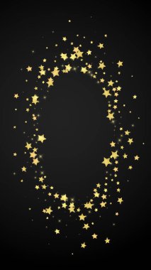 Sihirli yıldızlar vektör kaplaması. Altın yıldızlar rasgele etrafa saçılmış, düşüyor, yüzüyor. Kaotik rüya gibi çocuksu bir şablon. Siyah arka planda sihirli yıldızlı büyüleyici vektör.