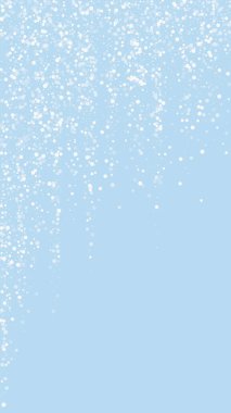 Karlı bir Noel geçmişi var. Hafif uçan kar taneleri ve açık mavi kış arka planındaki yıldızlar. Narin, tatlı, karlı bir Noel. Dikey vektör illüstrasyonu.