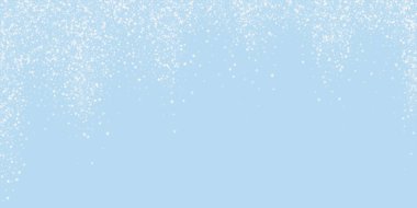 Sihirli kar yağışı arkaplanı. Hafif uçan kar taneleri ve açık mavi kış arka planındaki yıldızlar. Sihirli yağan kar tatili manzarası. Geniş vektör illüstrasyonu.