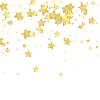 Sihirli yıldızlar vektör kaplaması. Altın yıldızlar rasgele etrafa saçılmış, düşüyor, yüzüyor. Kaotik rüya gibi çocuksu bir şablon. Beyaz arkaplanda vektör peri masalı.