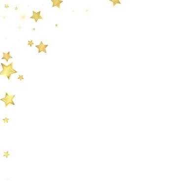 Sihirli yıldızlar vektör kaplaması. Altın yıldızlar rasgele etrafa saçılmış, düşüyor, yüzüyor. Kaotik rüya gibi çocuksu bir şablon. Beyaz arkaplanda büyülü gece gökyüzü.