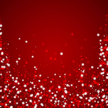 Sihirli kar yağışı arkaplanı. İnce uçan kar taneleri ve kırmızı arka plandaki yıldızlar. Sihirli yağan kar tatili manzarası. Kare vektör illüstrasyonu.