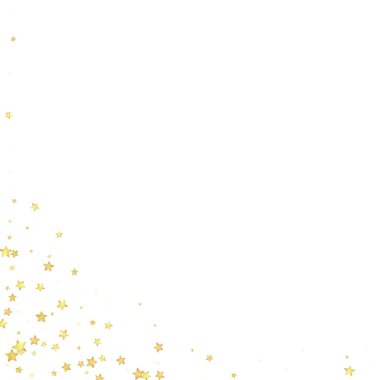 Sihirli yıldızlar vektör kaplaması. Altın yıldızlar rasgele etrafa saçılmış, düşüyor, yüzüyor. Kaotik rüya gibi çocuksu bir şablon. Beyaz arka planda sihirli yıldızlı büyüleyici vektör.