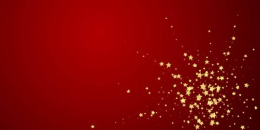 Sihirli yıldızlar vektör kaplaması. Altın yıldızlar rasgele etrafa saçılmış, düşüyor, yüzüyor. Kaotik rüya gibi çocuksu bir şablon. Kırmızı arka planda sihirli yıldızlı büyüleyici vektör.