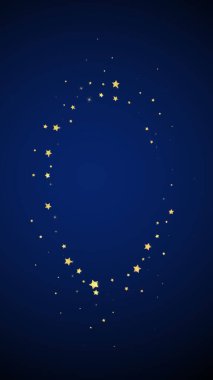 Sihirli yıldızlar vektör kaplaması. Altın yıldızlar rasgele etrafa saçılmış, düşüyor, yüzüyor. Kaotik rüya gibi çocuksu bir şablon. Koyu mavi arkaplanda sihirli yıldızlı büyüleyici vektör.