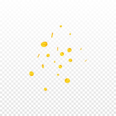 Russian ruble coins falling. Scattered gold RUB coins. Russia money. Jackpot wealth or success concept. Square vector illustration.