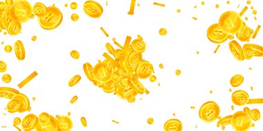 Tayland baht sikkeleri düşüyor. Altınlar saçılmış THB bozuklukları. Tayland parası. Büyük ikramiye ya da başarı konsepti. Geniş vektör illüstrasyonu.