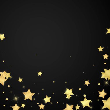 Sihirli yıldızlar vektör kaplaması. Altın yıldızlar rasgele etrafa saçılmış, düşüyor, yüzüyor. Kaotik rüya gibi çocuksu bir şablon. Siyah arkaplanda vektör peri masalı.