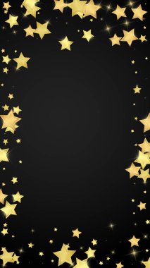 Sihirli yıldızlar vektör kaplaması. Altın yıldızlar rasgele etrafa saçılmış, düşüyor, yüzüyor. Kaotik rüya gibi çocuksu bir şablon. Siyah arkaplanda mucizevi yıldızlı gece vektörü.